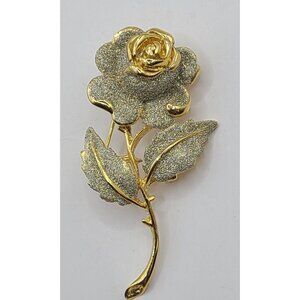 Vintage Rose Brooch Solitaire Gold Tone Long Stem Flower Silver Glitter Pin